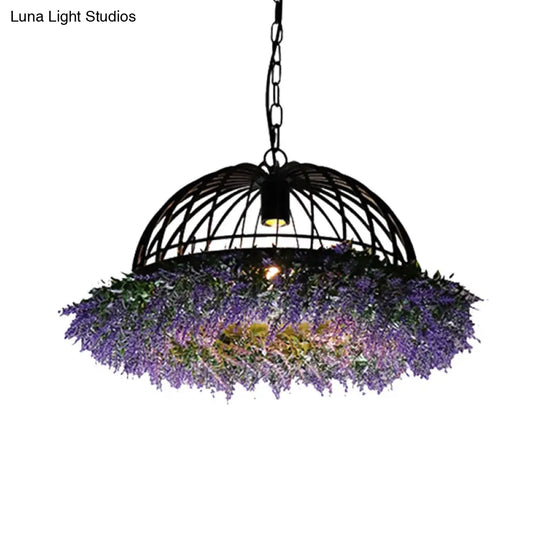 Antique Iron Ceiling Pendant Light Fixture With Purple/Green Bowl Cage And Plant Decoration