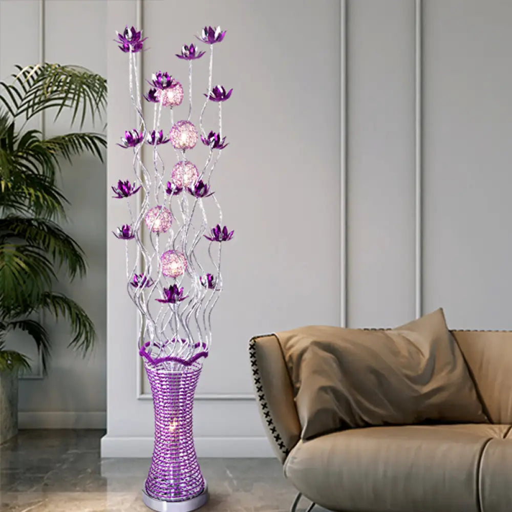 Purple Led Floral Floor Lamp With Elegant Twig Design Aluminum Vase-Shaped Decorative Standing Light