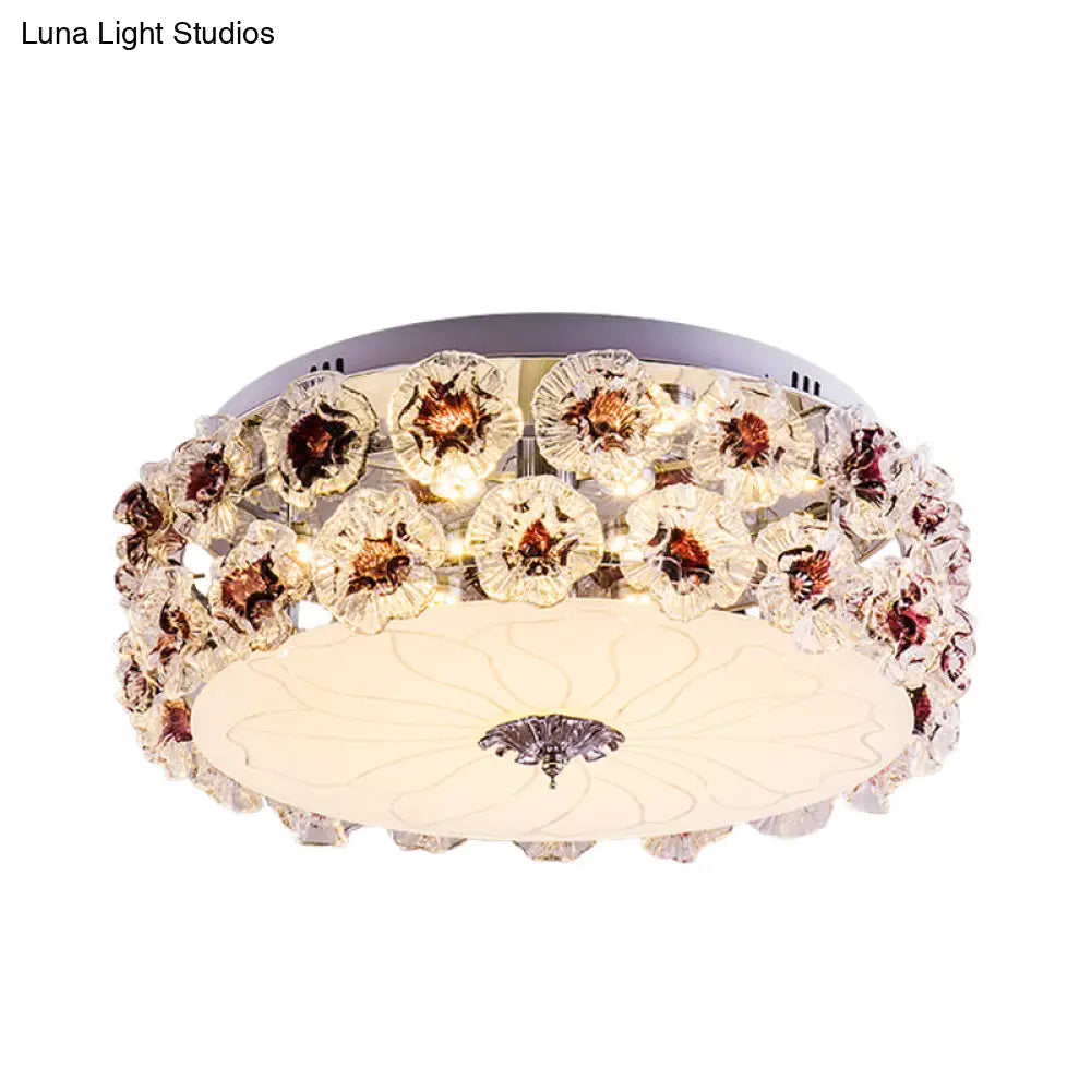 Purple/White Led Flush Light Ceiling Lamp With Crystal Flower Accents