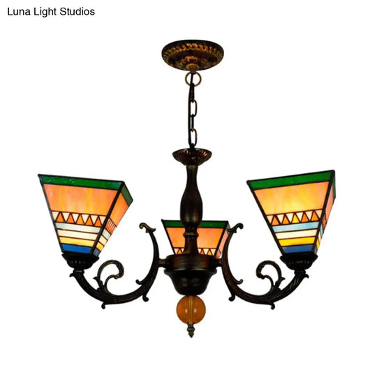 Retro Stained Glass Inverted Chandelier - Pyramid Design 3-Bulb Lighting Fixture For Living Room