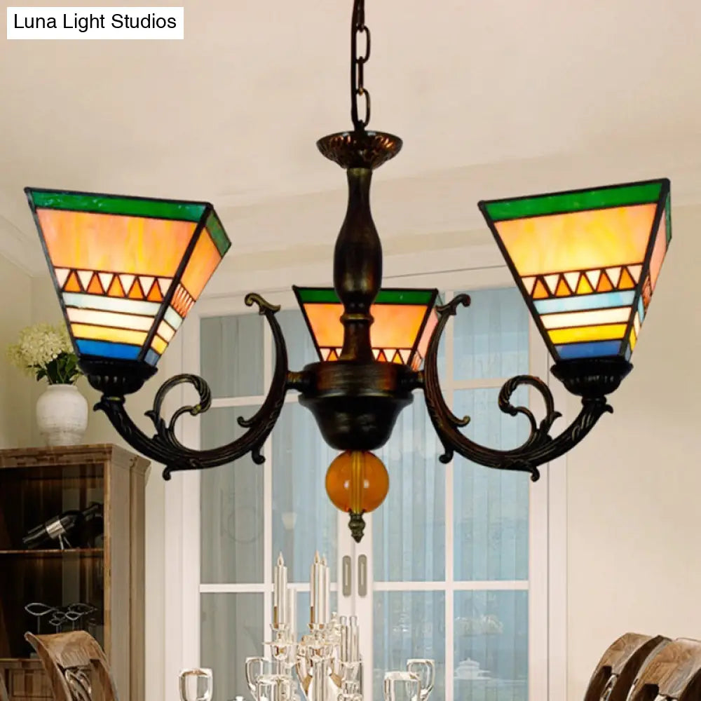 Pyramid Chandelier Retro Style With Stained Glass - 3 Bulb Inverted Light For Living Room