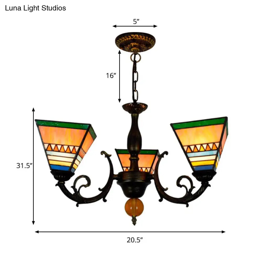 Retro Stained Glass Inverted Chandelier - Pyramid Design 3-Bulb Lighting Fixture For Living Room