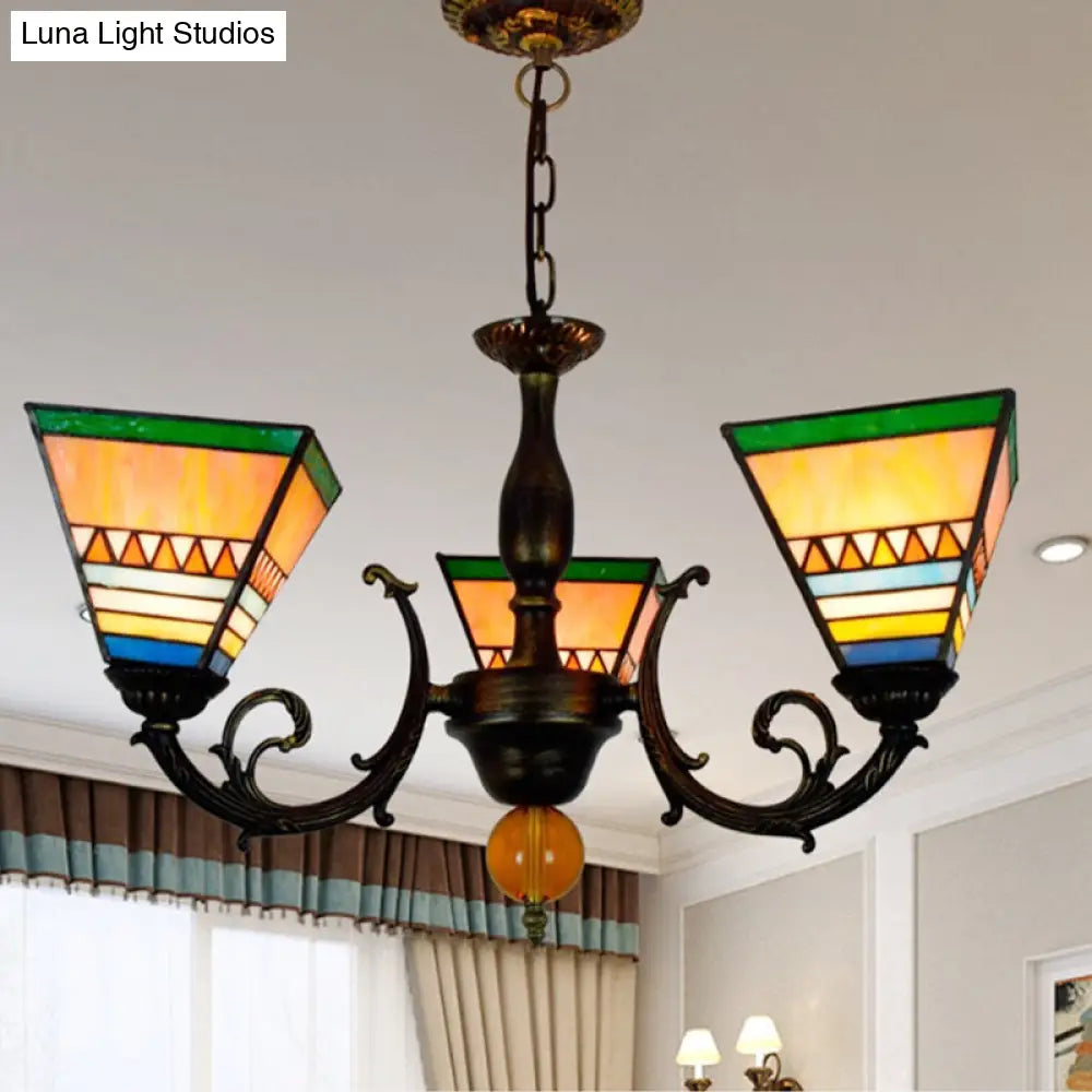 Retro Stained Glass Inverted Chandelier - Pyramid Design 3-Bulb Lighting Fixture For Living Room