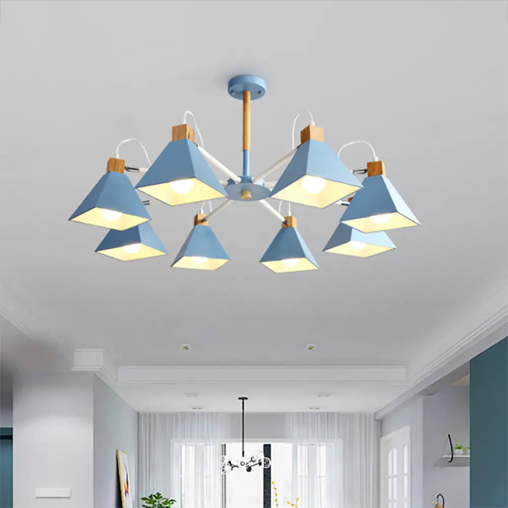 Pyramid Shade Chandelier: Elegant Macaron Metal Hanging Light For Dining Room Blue