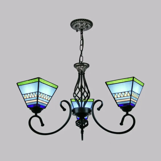 Pyramid Stained Art Glass Chandelier - Antique Style Ceiling Lighting For Restaurants 3 / Blue