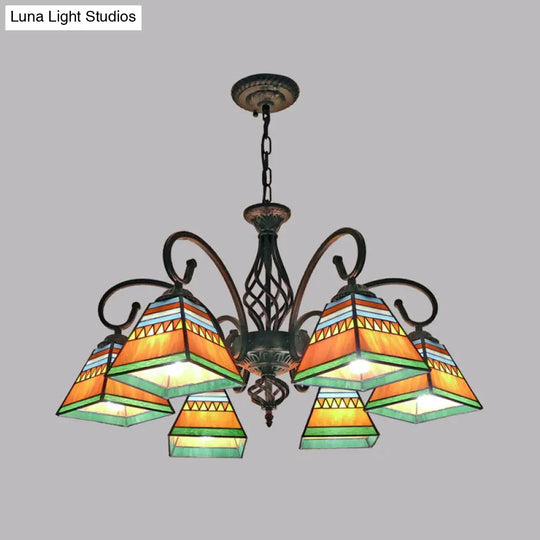 Pyramid Stained Art Glass Chandelier - Antique Style Ceiling Lighting For Restaurants