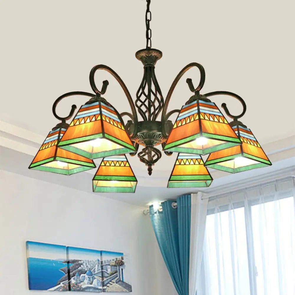 Pyramid Stained Art Glass Chandelier - Antique Style Ceiling Lighting For Restaurants 6 / Orange