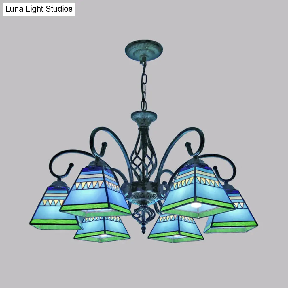 Stained Art Glass Pyramid Chandelier For Restaurants - Antique Inspired Ceiling Lighting Fixture