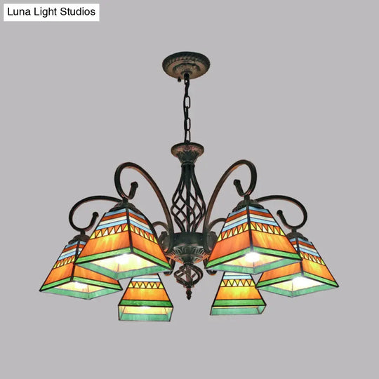 Stained Art Glass Pyramid Chandelier For Restaurants - Antique Inspired Ceiling Lighting Fixture