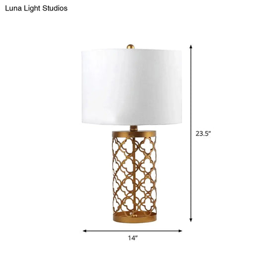 Quatrefoil Night Stand Table Lamp - Minimalistic Metal Design With White Cylinder Shade 14/15 Width