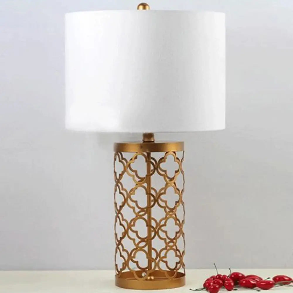 Quatrefoil Night Stand Table Lamp - Minimalistic Metal Design With White Cylinder Shade 14/15 Width