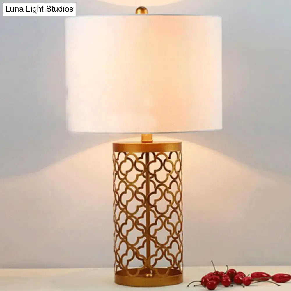 Quatrefoil Night Stand Table Lamp - Minimalistic Metal Design With White Cylinder Shade 14/15 Width