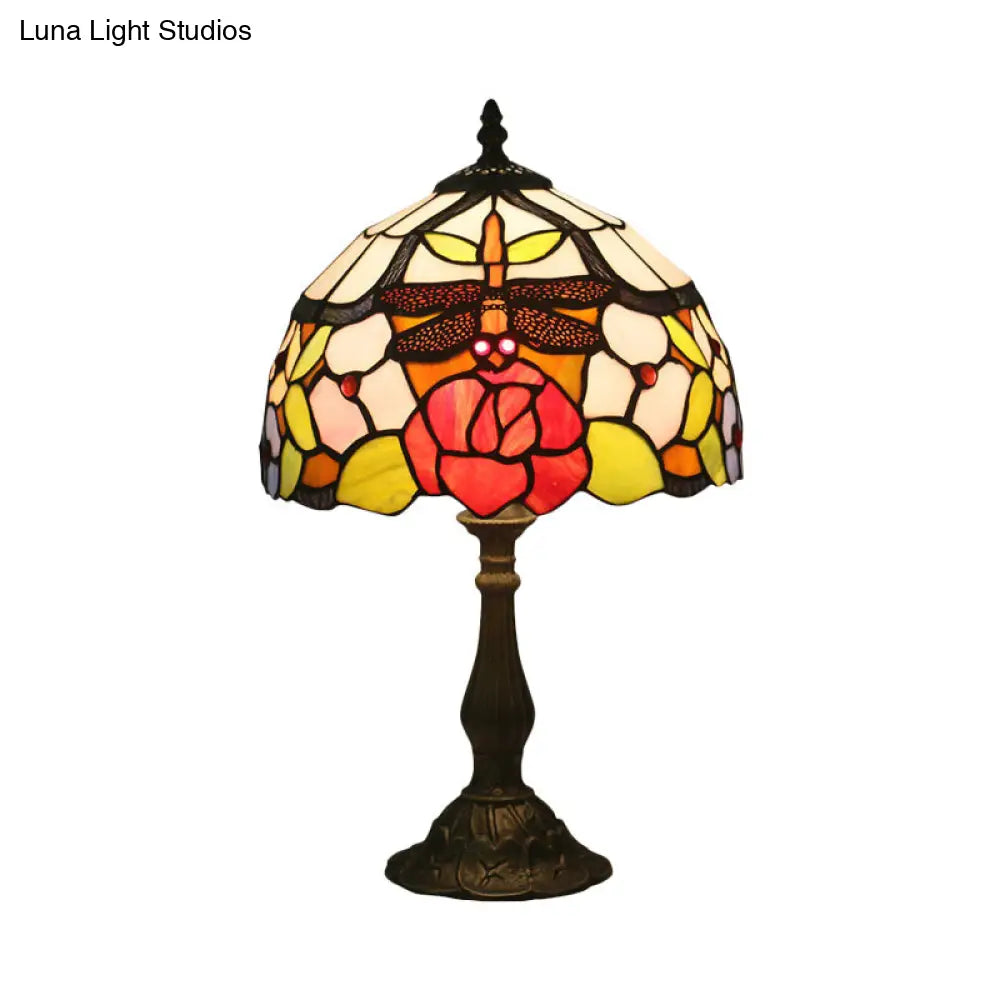 Bronze Domed Task Lighting - Mediterranean Art Glass Table Lamp With Rose And Dragonfly Pattern