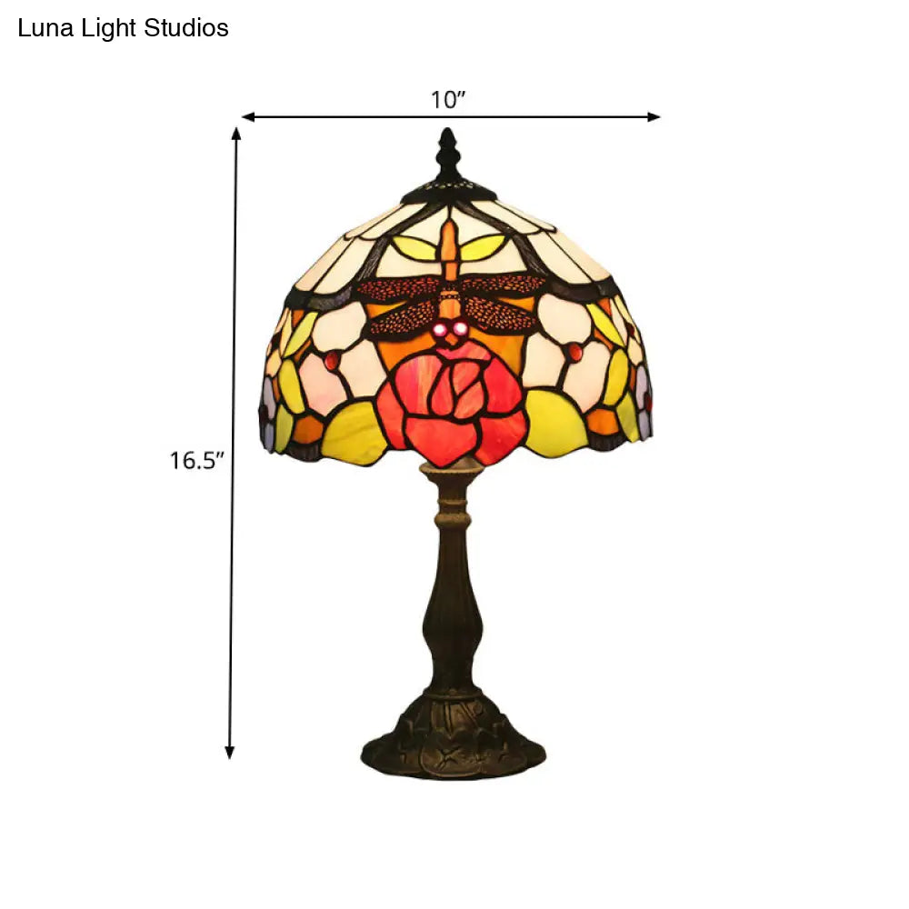 Bronze Domed Task Lighting - Mediterranean Art Glass Table Lamp With Rose And Dragonfly Pattern