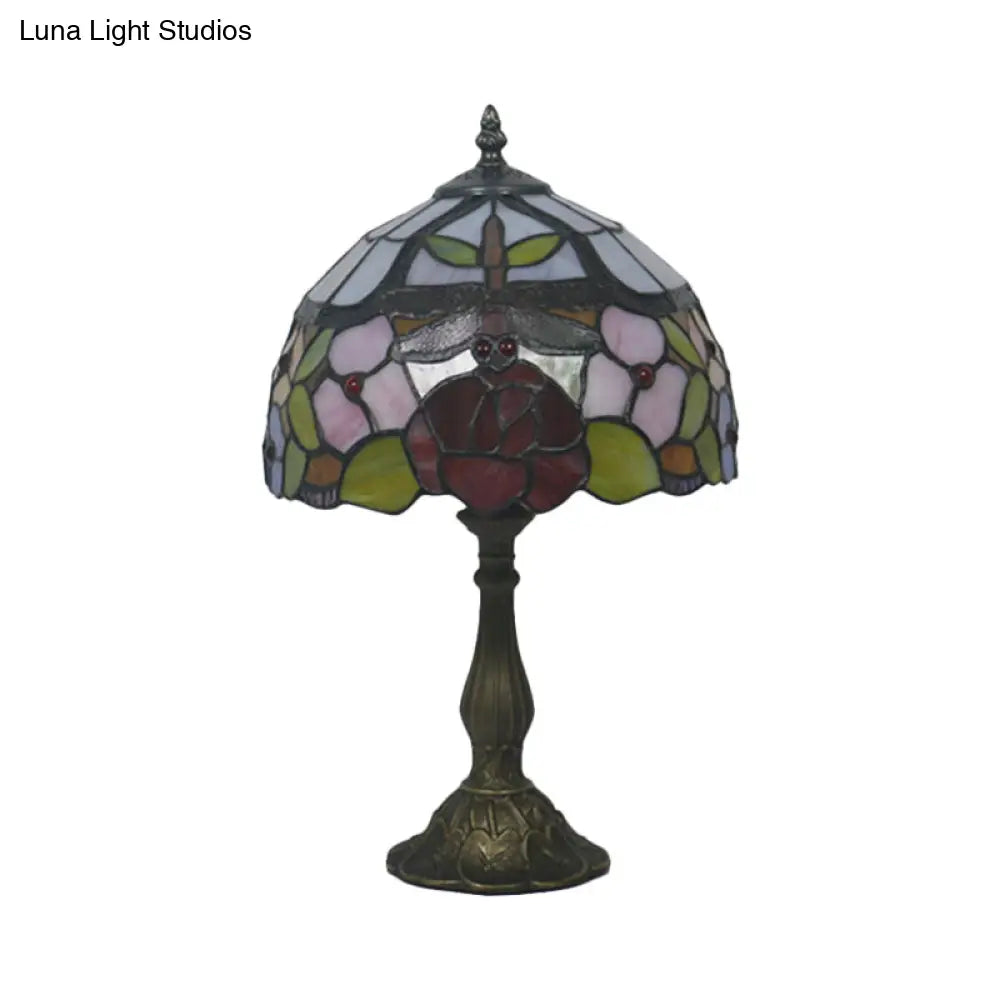 Bronze Domed Task Lighting - Mediterranean Art Glass Table Lamp With Rose And Dragonfly Pattern