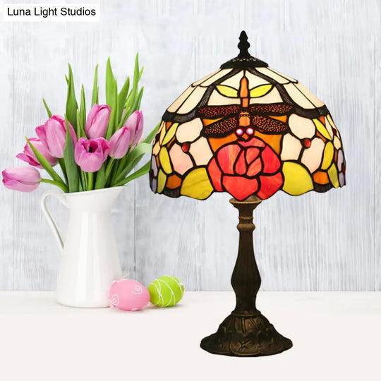 Bronze Domed Task Lighting - Mediterranean Art Glass Table Lamp With Rose And Dragonfly Pattern