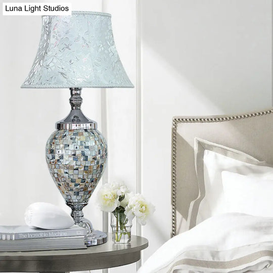 Traditional Light-Blue Print Fabric Table Lamp With Shell Base - Flared Design For Living Room Night