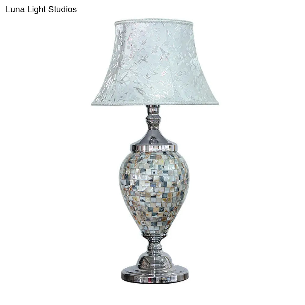 Traditional Light-Blue Print Fabric Table Lamp With Shell Base - Flared Design For Living Room Night