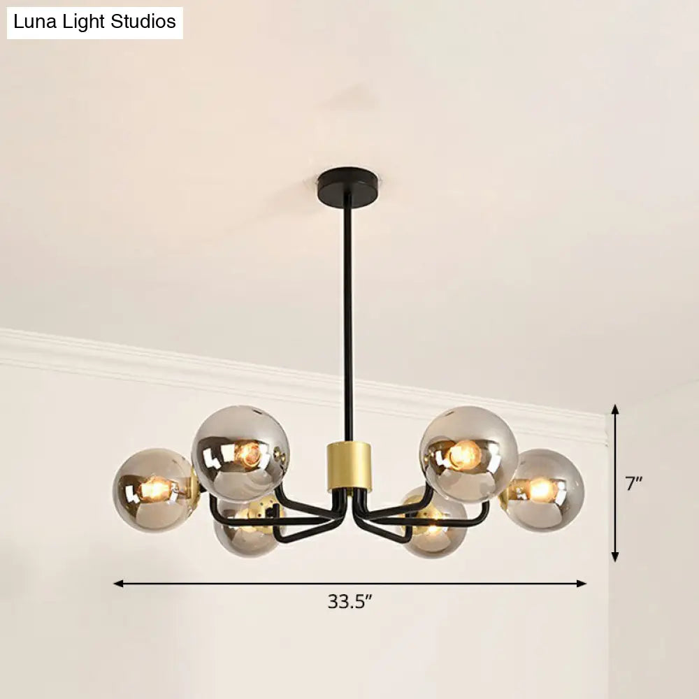 Radial Suspension Light - Contemporary Metal Chandelier With Glass Ball Shade 6 / Black Smoke Grey