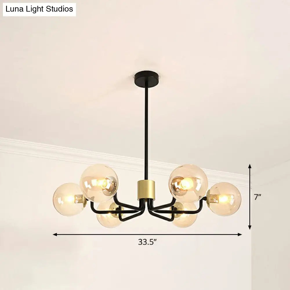 Radial Suspension Light - Contemporary Metal Chandelier With Glass Ball Shade 6 / Black Amber