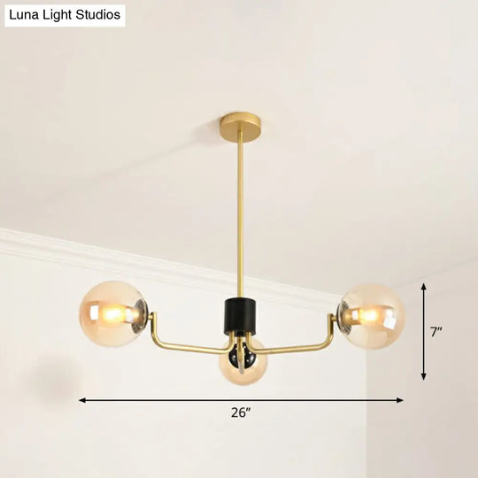 Radial Suspension Light - Contemporary Metal Chandelier With Glass Ball Shade 3 / Gold Amber