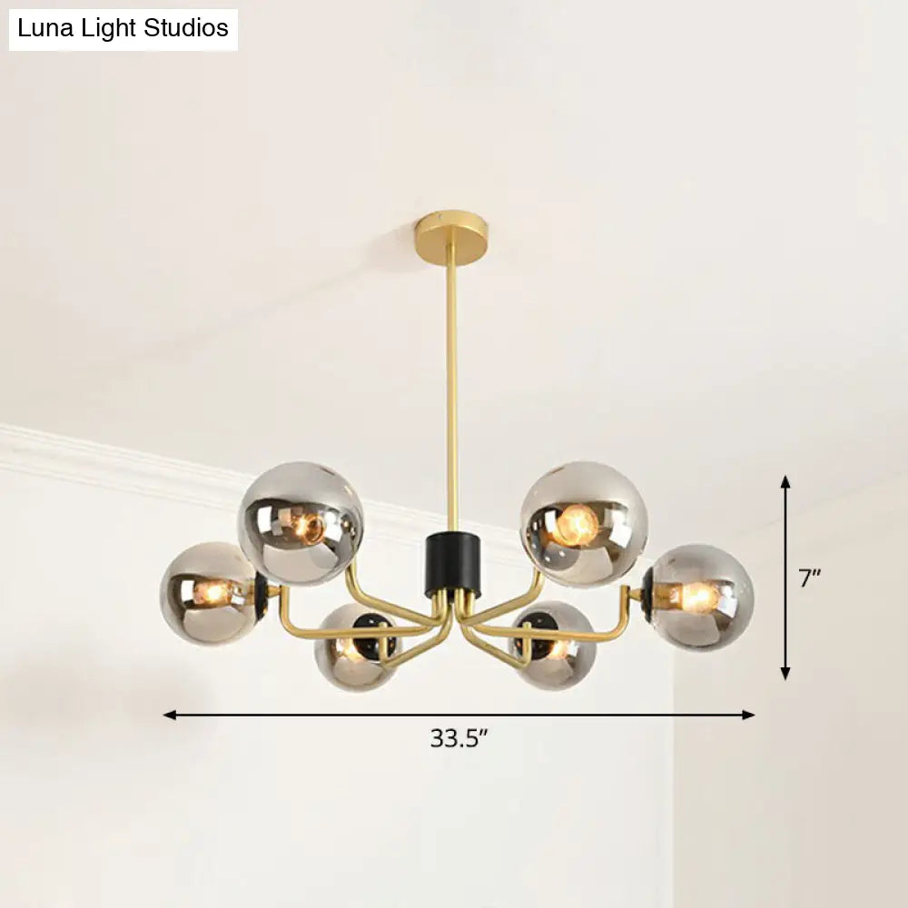 Radial Suspension Light - Contemporary Metal Chandelier With Glass Ball Shade 6 / Gold Smoke Grey