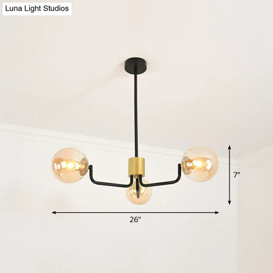 Radial Suspension Light - Contemporary Metal Chandelier With Glass Ball Shade 3 / Black Amber