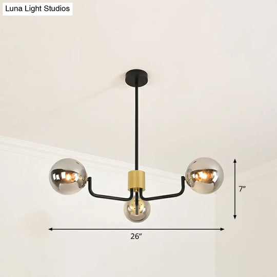 Radial Suspension Light - Contemporary Metal Chandelier With Glass Ball Shade 3 / Black Smoke Grey