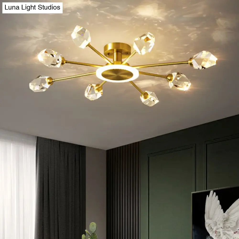 Radiant Bedroom Elegance: Post-Modern Gold Led Ceiling Light With Crystal Block Radial Design 9 /