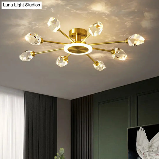 Radiant Bedroom Elegance: Post-Modern Gold Led Ceiling Light With Crystal Block Radial Design 9 /