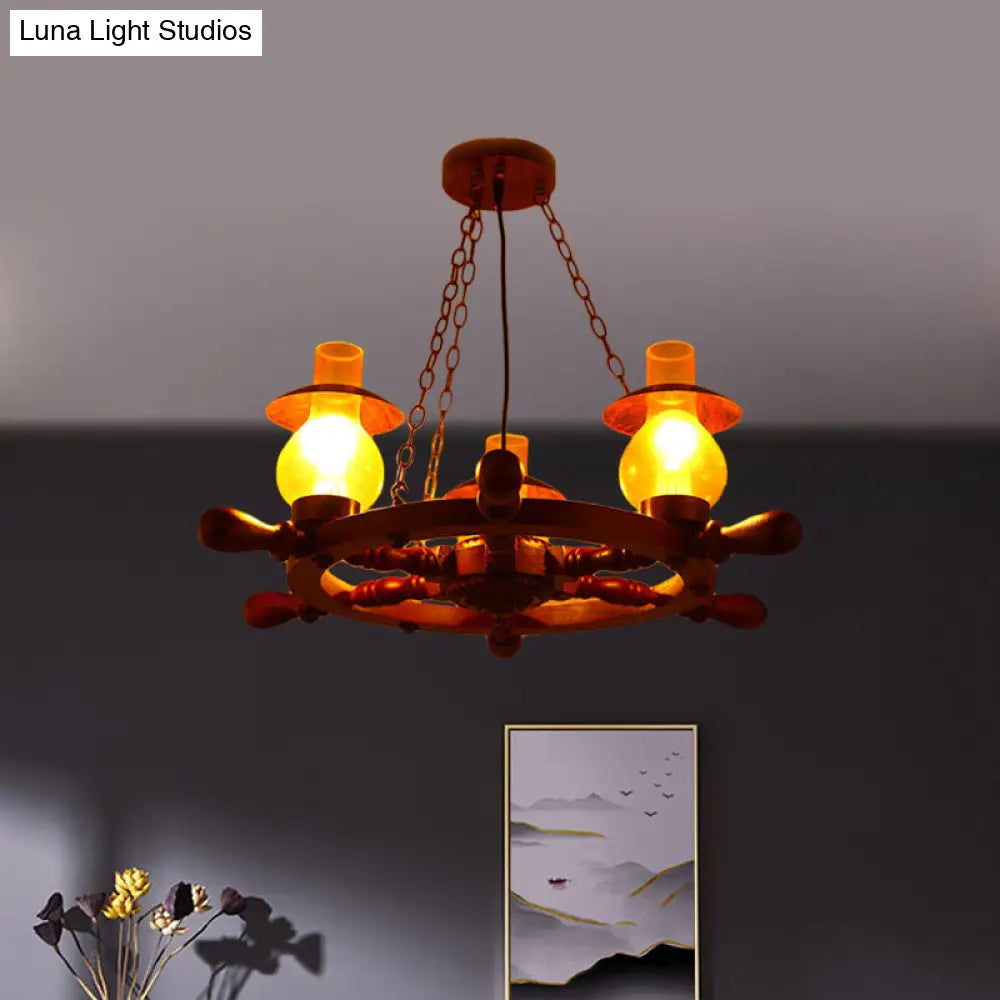 Raegan - Industrial 3 Heads Ceiling Chandelier Dining Room Wood Pendant Light With Vase Yellow Glass