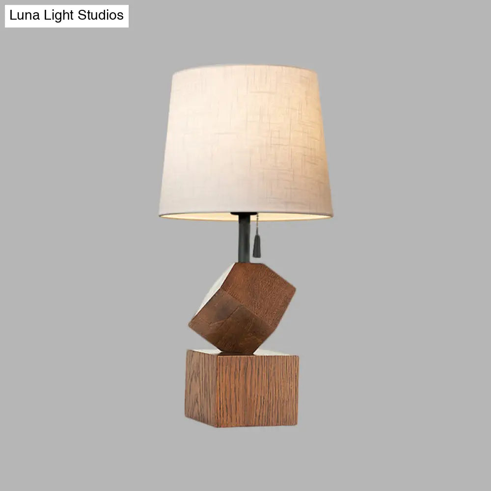 Beige/Brown Barrel Nightstand Lamp With Wood Cubic Base