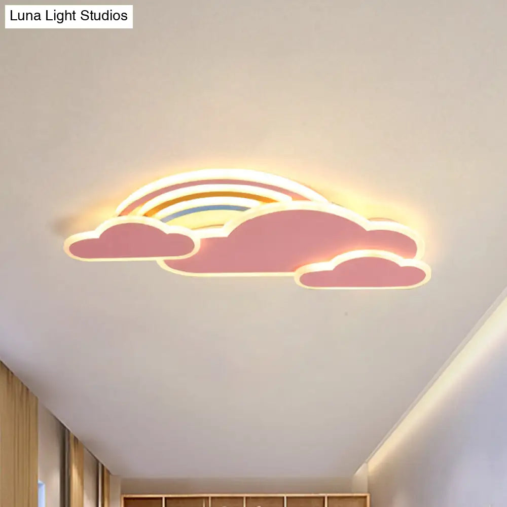 Rainbow Cloudy Ceiling Light - White/Pink Cartoon Led Flush-Mount Fixture Warm/White Pink / Warm