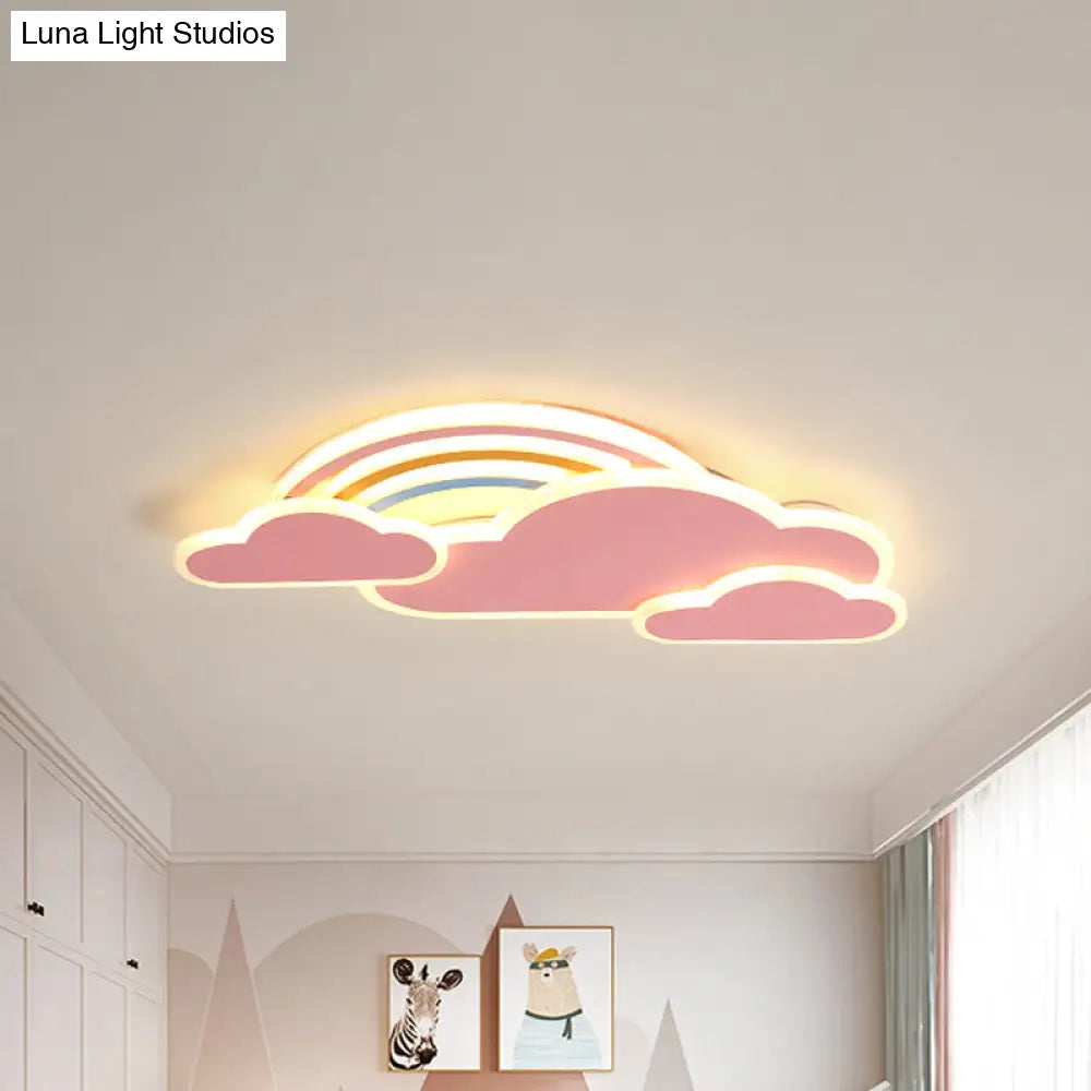 Rainbow Cloudy Ceiling Light - White/Pink Cartoon Led Flush-Mount Fixture Warm/White