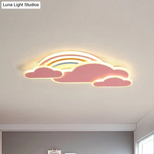 Rainbow Cloudy Ceiling Light - White/Pink Cartoon Led Flush-Mount Fixture Warm/White