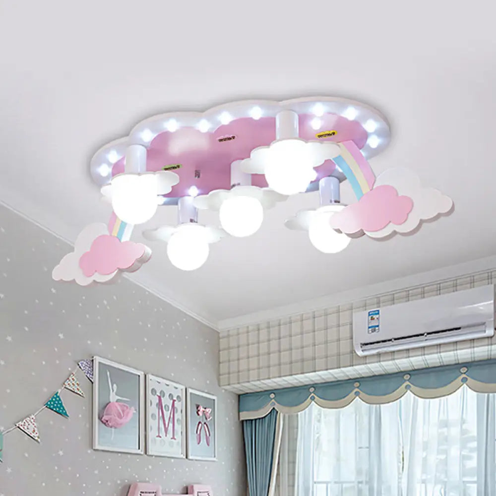 Rainbow Girl’s Wood Ceiling Lamp: Pink 5 - Light Cartoon Flush Mount With Open Bulb Design