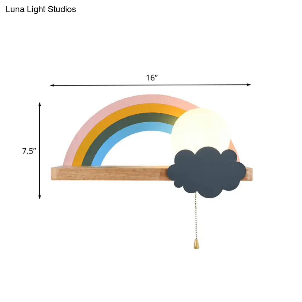 Rainbow Sun Sconce Light Cartoon Led Wall Lamp With Storage Rack - Brown Metal 1-Light Pull Chain