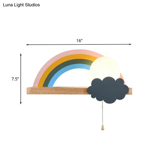 Rainbow Sun Sconce Light Cartoon Led Wall Lamp With Storage Rack - Brown Metal 1-Light Pull Chain