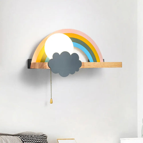 Rainbow Sun Sconce Light Cartoon Led Wall Lamp With Storage Rack - Brown Metal 1-Light Pull Chain