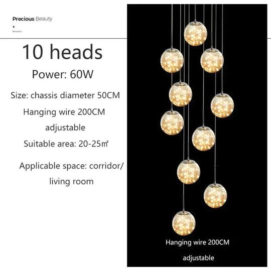 Raloo - Modern Led Glass Ball Chandelier 10 Heads / Transparent Glass Cold White Pendant Lighting