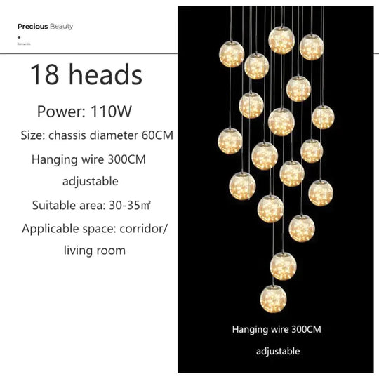 Raloo - Modern Led Glass Ball Chandelier 18 Heads / Transparent Glass Cold White Pendant Lighting