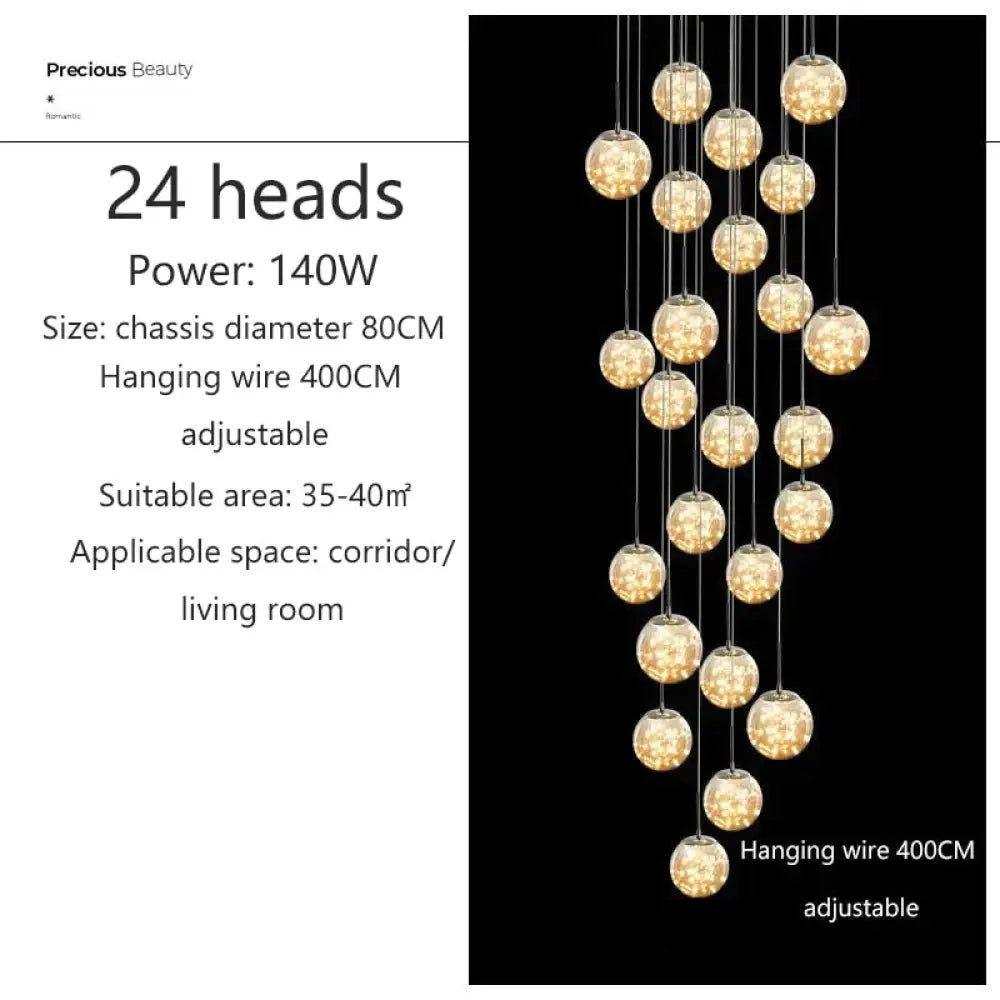 Raloo - Modern Led Glass Ball Chandelier 24 Heads / Transparent Glass Cold White Pendant Lighting
