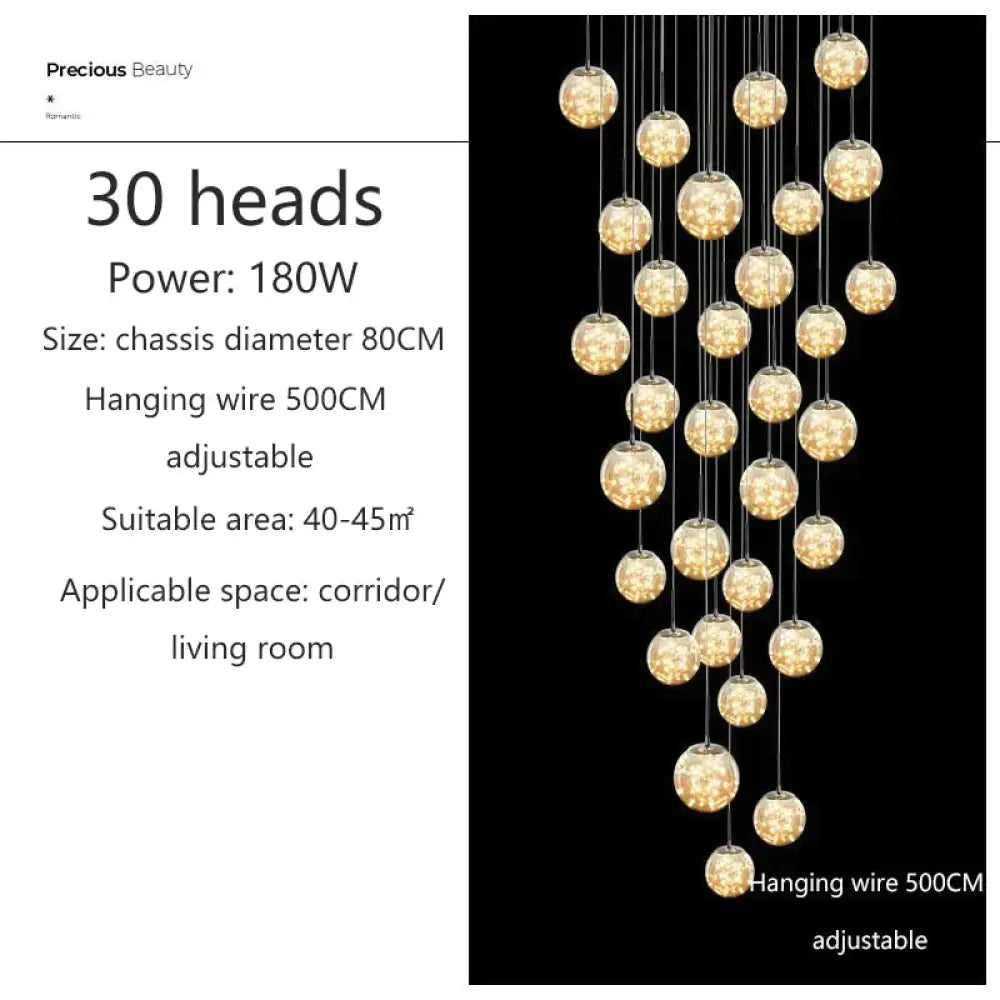 Raloo - Modern Led Glass Ball Chandelier 30 Heads / Transparent Glass Cold White Pendant Lighting