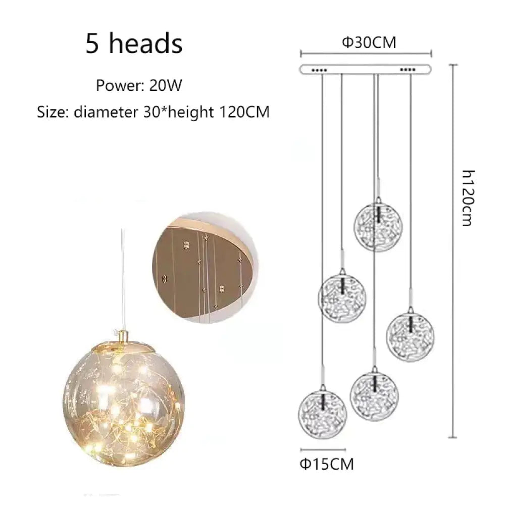 Raloo - Modern Led Glass Ball Chandelier 5 Heads / Transparent Glass Cold White Pendant Lighting