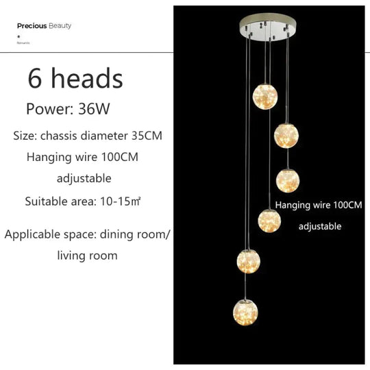 Raloo - Modern Led Glass Ball Chandelier 6 Heads / Transparent Glass Cold White Pendant Lighting