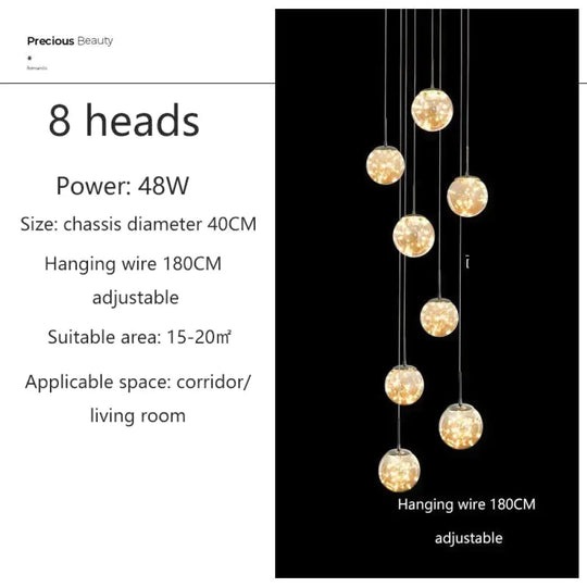 Raloo - Modern Led Glass Ball Chandelier 8 Heads / Transparent Glass Cold White Pendant Lighting