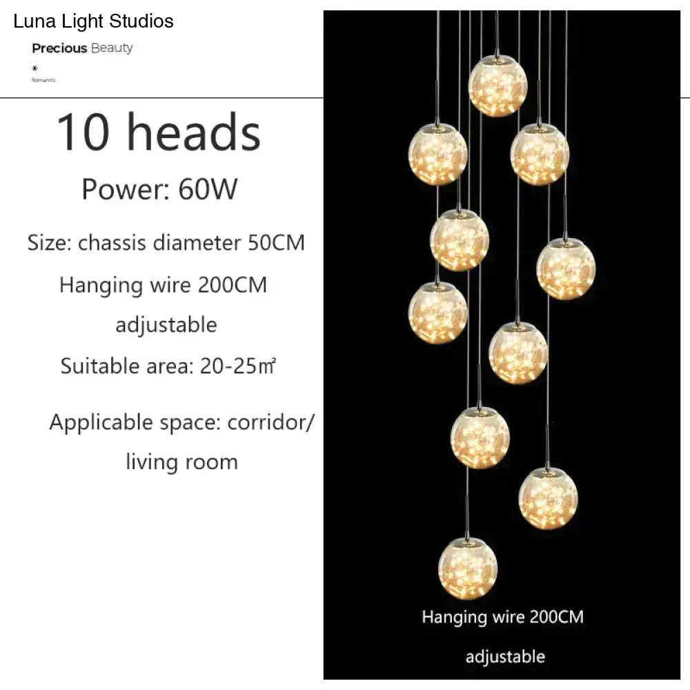 Raloo - Modern Led Glass Ball Chandelier 10 Heads / Transparent Glass Cold White