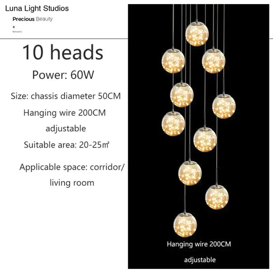 Raloo - Modern Led Glass Ball Chandelier 10 Heads / Transparent Glass Cold White