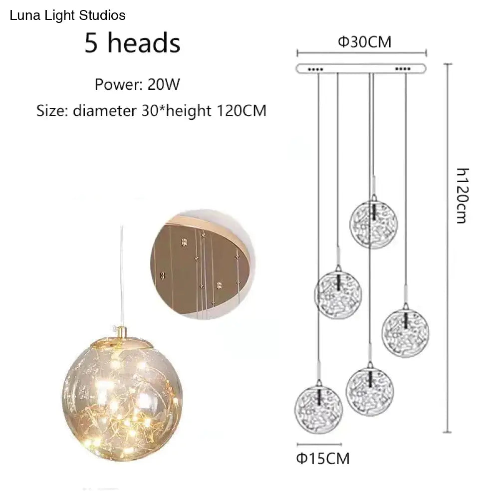 Raloo - Modern Led Glass Ball Chandelier 5 Heads / Transparent Glass Cold White