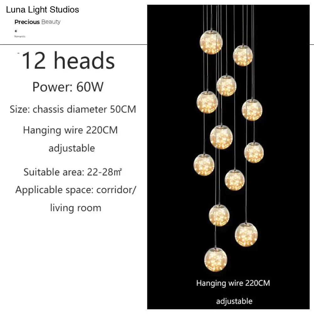 Raloo - Modern Led Glass Ball Chandelier 12 Heads / Transparent Glass Cold White